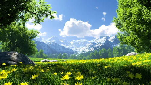 Vibrant Yellow Flowering Meadow with Snowy Mountains