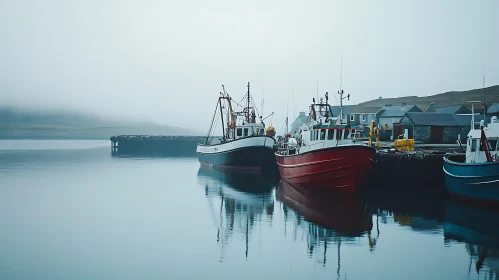 Tranquil Foggy Harbor with Docked Boats