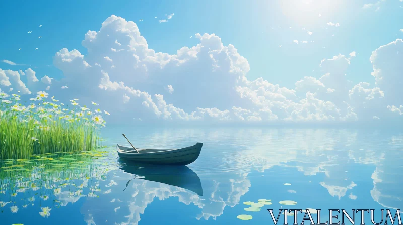AI ART Tranquil Lake Scene with Boat and Clouds