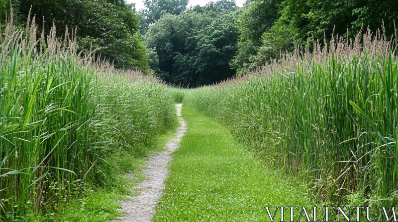 Tranquil Path through Verdant Grass To a Forest