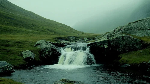 Tranquil Waterfall in Foggy Landscape