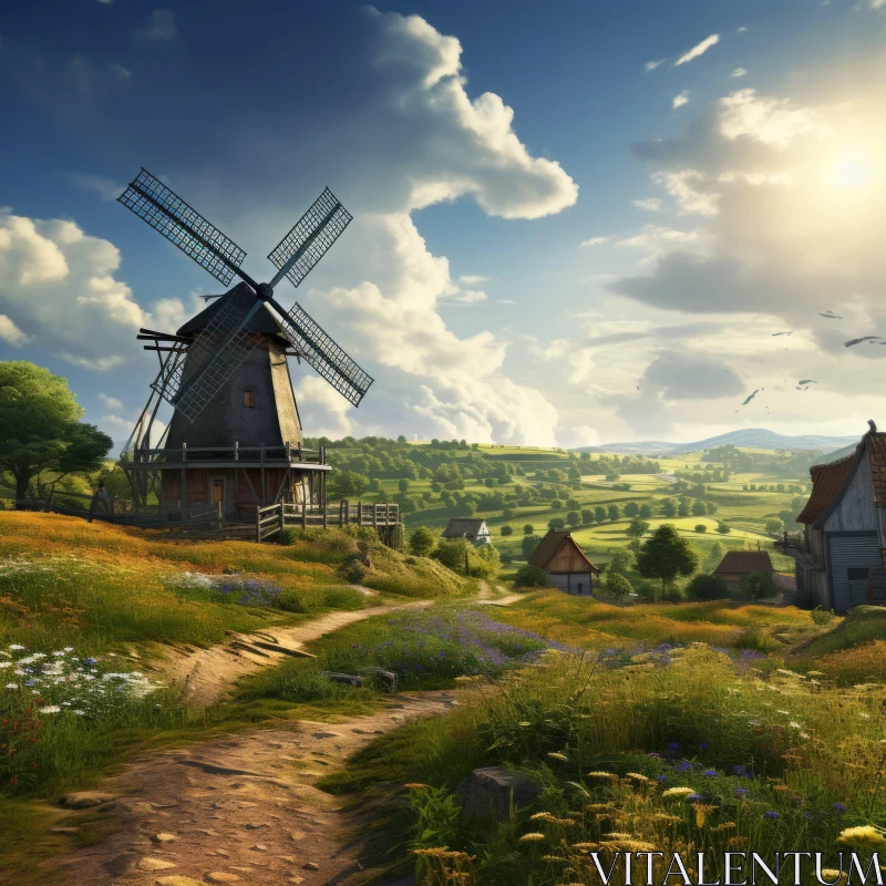 Enchanting Countryside Windmill: A Fairy Tale Illustration AI Image