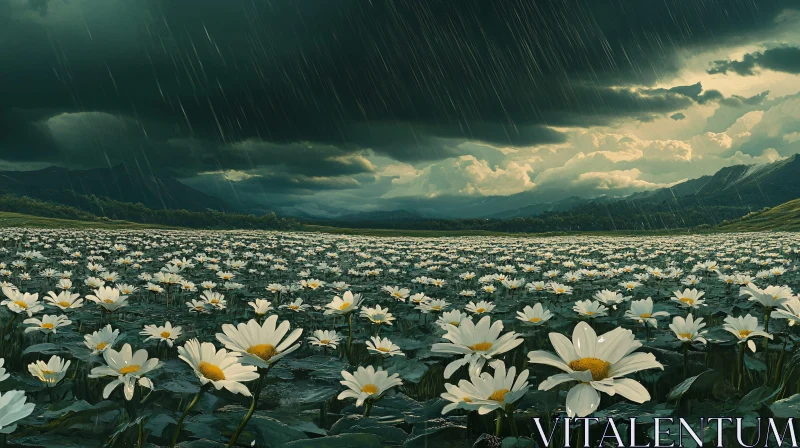 AI ART Rainy Daisy Meadow with Dark Storm Clouds