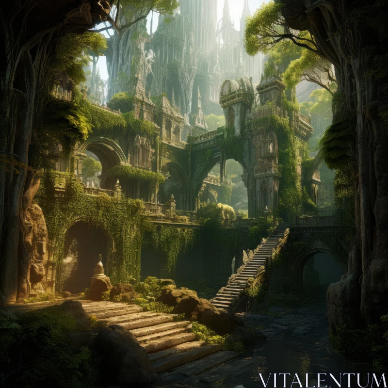 Fantasy Wallpaper: Mysterious Jungle and Light-Filled Organic Architecture AI Image