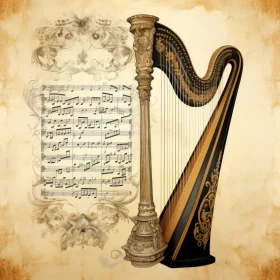 Vintage Harp Illustration with Regal Victorian Aesthetic