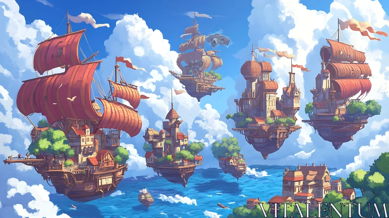 Fantasy Scene with Majestic Flying Ships and Floating Islands AI Image