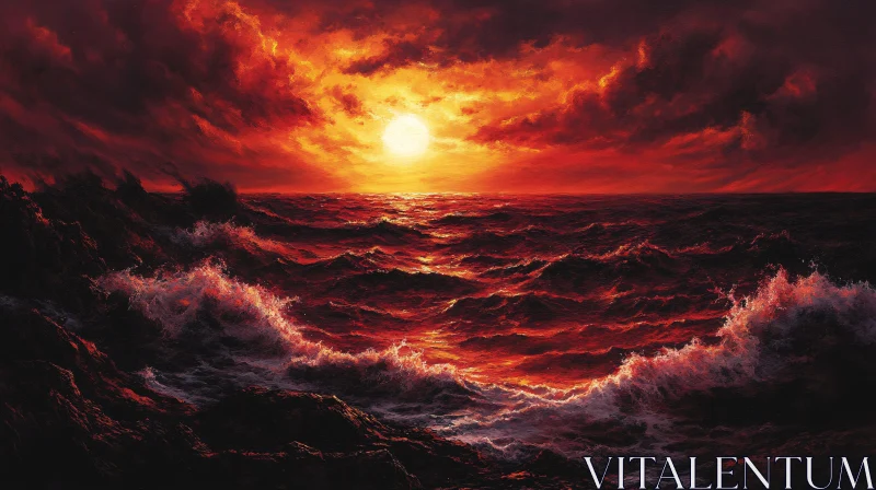 AI ART Crimson Waves at Sundown