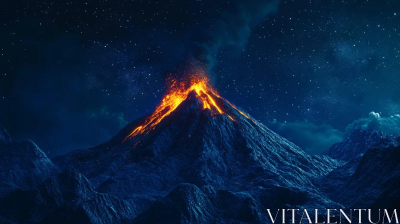 AI ART Lava Flowing from an Active Volcano at Night