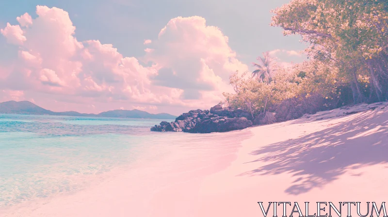 Tropical Shoreline with Cotton Candy Clouds AI Image