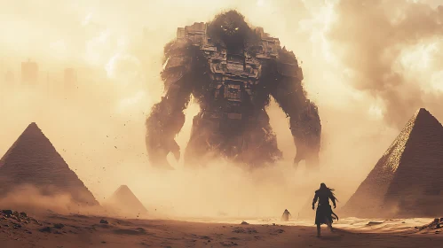 Giant Robotic Figure and Pyramids in Sandstorm