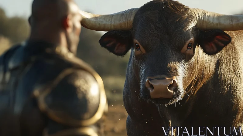 Warrior Confronts Bull in Natural Sunlit Setting AI Image