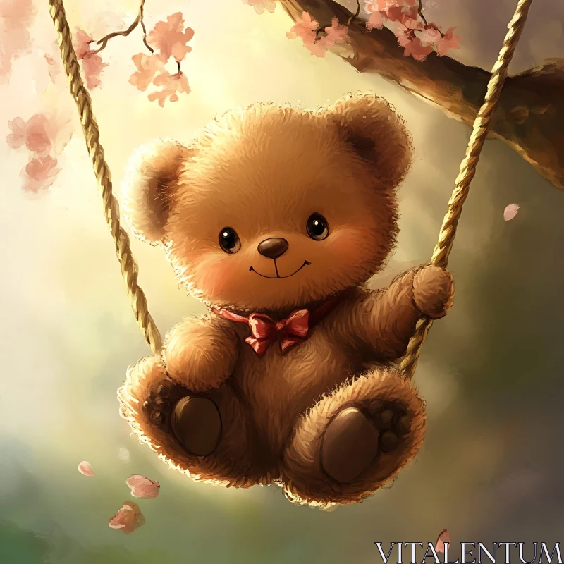 Cute Teddy Bear Swinging Amid Cherry Blossoms AI Image