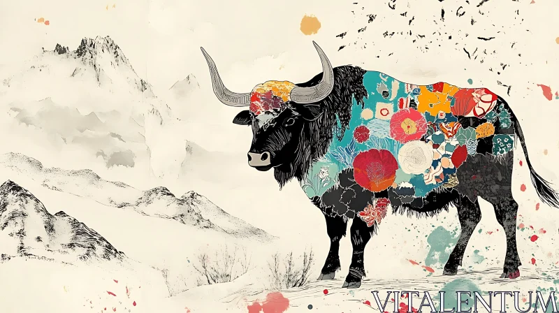 Decorative Bull in Misty Mountain Art AI Image