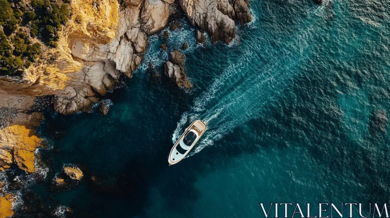 White Boat Cruising Coastal Waters Near Rocky Cliffs - Aerial Shot AI Image