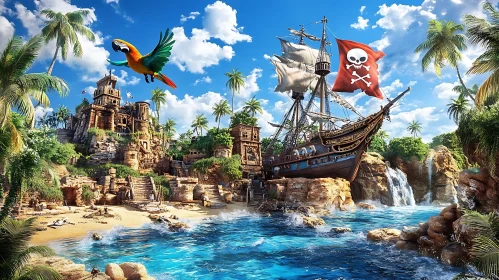 Exotic Pirate Scene with Parrot and Ancient Ruins