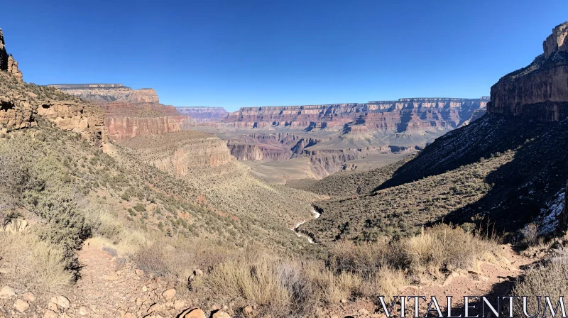 Expansive Canyon View with Cliffs and Arid Terrain under Clear Skies AI Image