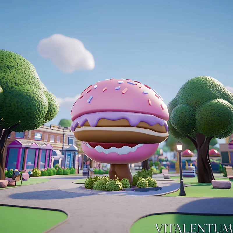 Cartoon-Style Pink Burger Sculpture in Outdoor Setting AI Image