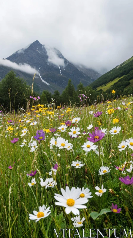 AI ART Wildflower Meadow with Mountain Backdrop