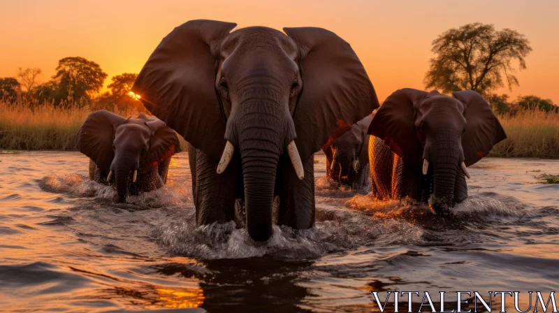 Elephants at Sunset: An Emotive Journey through African Rivers AI Image