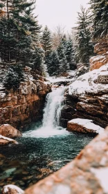 Serene Snowfall and Cascading Waters in Evergreen Forest