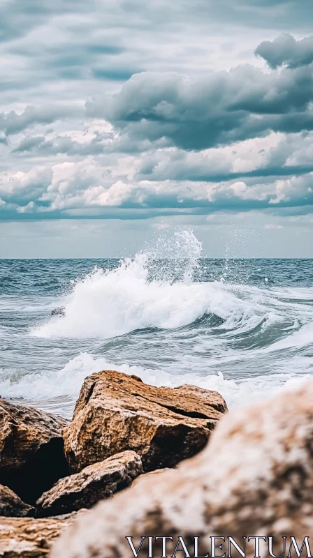 Powerful Waves Hitting Rocks with Dramatic Cloud Formation AI Image