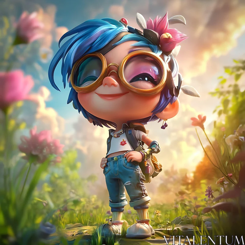 Adventurous Cartoon Child in Flower Meadow During Sunset AI Image