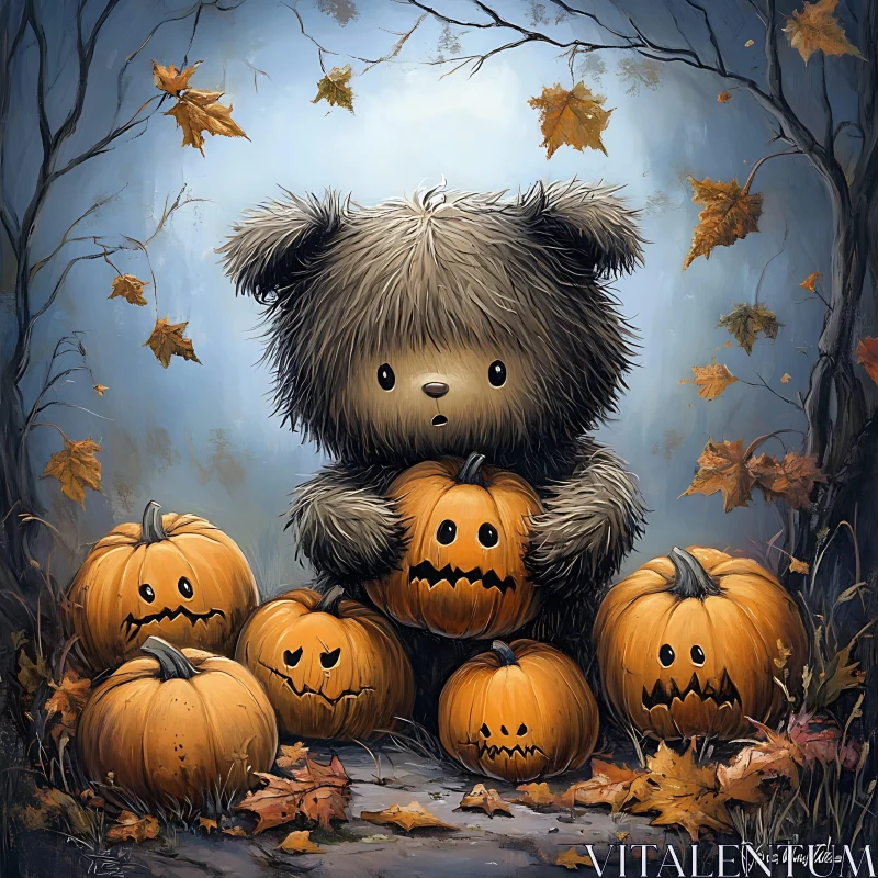 AI ART Teddy Bear and Carved Pumpkins Amidst Autumn Leaves