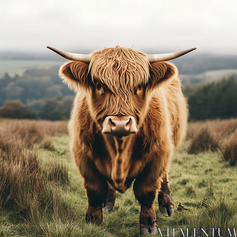 Shaggy Highland Cow with Prominent Horns AI Image