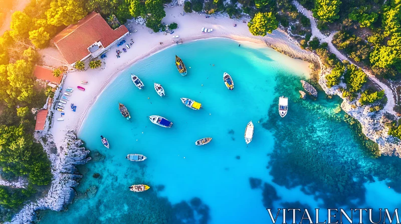 Serene Turquoise Bay with Boats and Sandy Beach AI Image