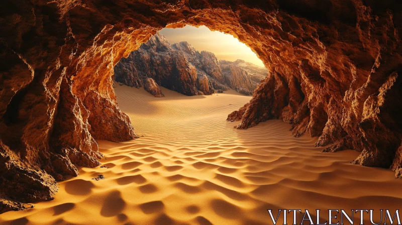 AI ART Desert Cave View with Sunlit Sand Dunes