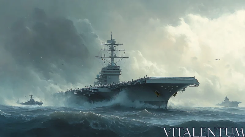 Aircraft Carrier Navigating Rough Waters AI Image