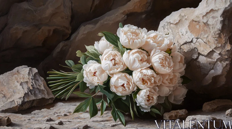 White Peonies and Rocks Still Life AI Image