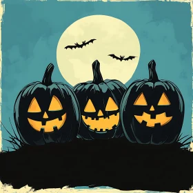 Halloween Night with Glowing Pumpkins and Bats