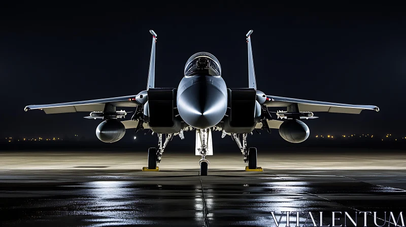 Military Fighter Jet on Night Runway AI Image