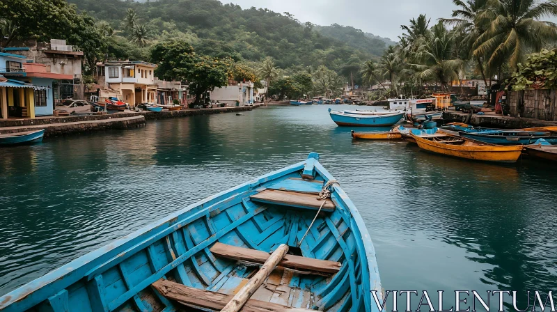 Colorful Boats on a Peaceful River in a Tropical Village AI Image