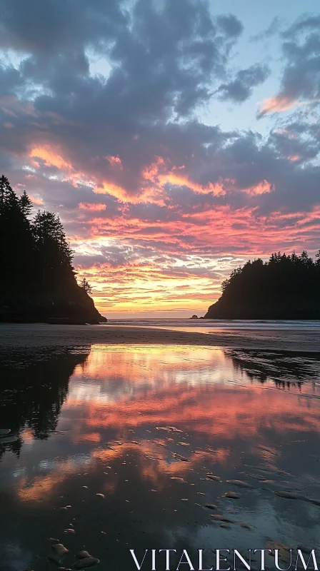 Sunset Reflections on Beach AI Image