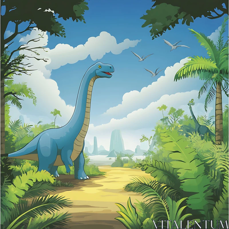 Peaceful Brontosaurus in Lush Prehistoric Jungle AI Image