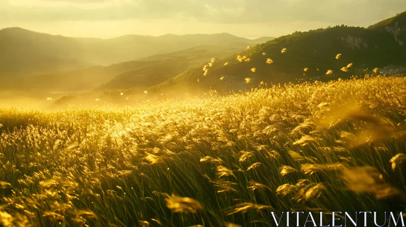 Sunlit Grass Field with Hills in the Background AI Image