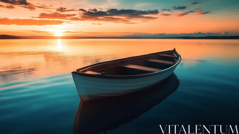 Tranquil Sunset Scene with Boat on Lake AI Image