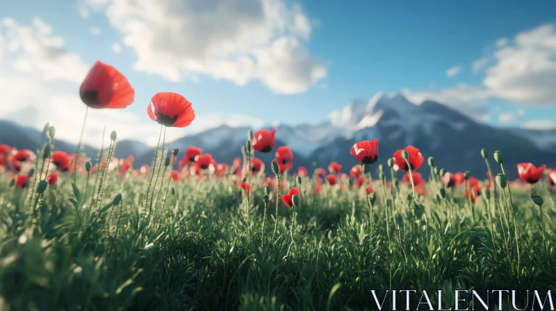 Blooming Red Poppies Against Mountainous Landscape AI Image