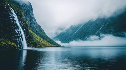 Misty Mountain Lake with Cascading Waterfall