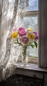 Peonies and Lace Curtain by the Sunlit Window