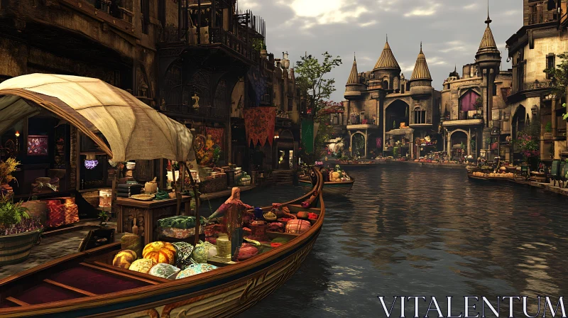 Medieval Canal Market Scene AI Image