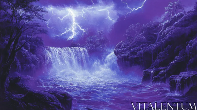 AI ART Waterfall Amidst a Lightning Storm in Purple Tones