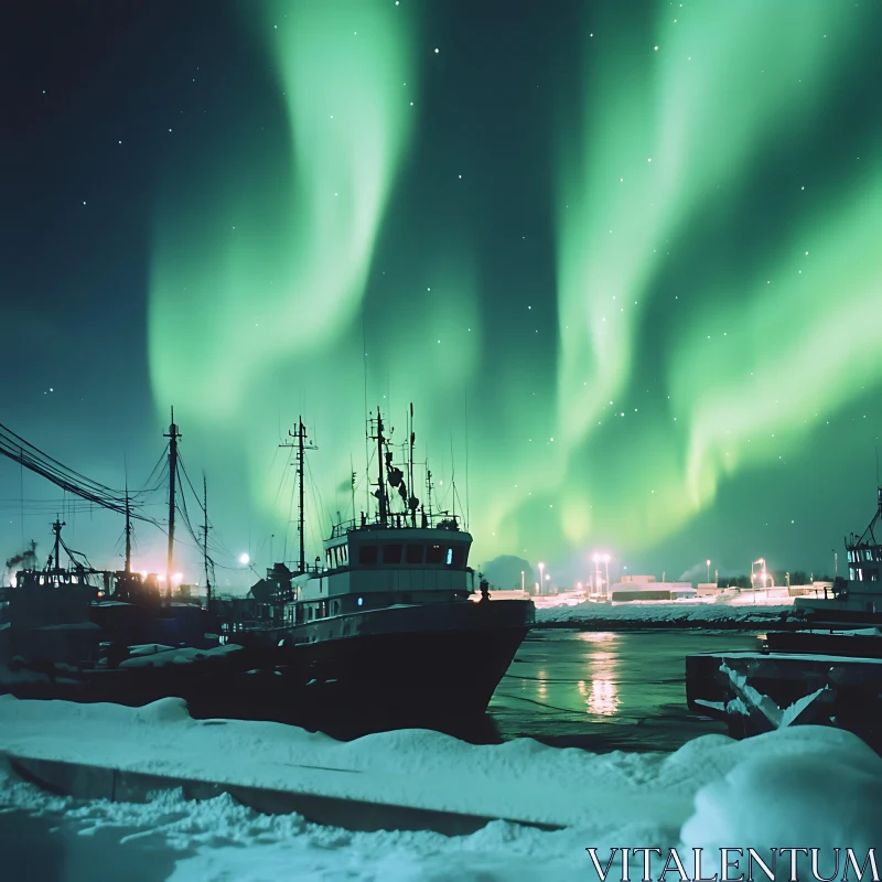 Aurora Display Over Snow-Covered Harbor AI Image