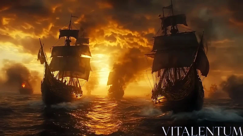 Historical Naval Battle Amidst Fiery Sunset AI Image