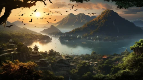 Scenic Asian Village at Sunset: A 3D Artistic Image
