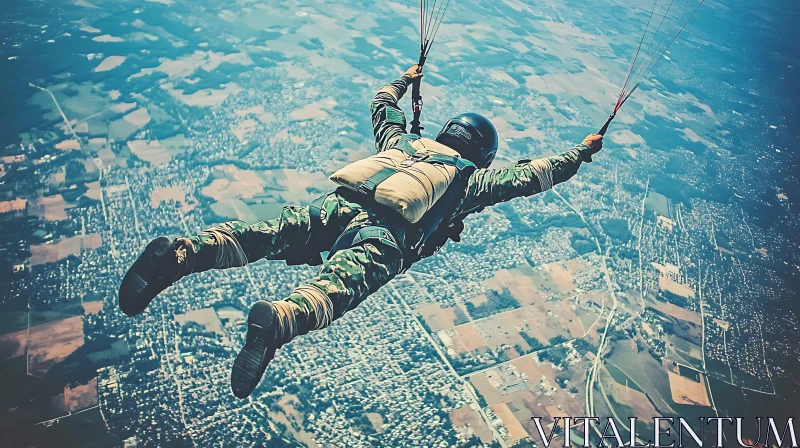 Camouflaged Skydiver Mid-Descent Over Scenic Landscape AI Image