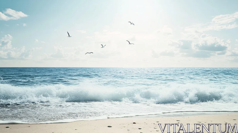 Tranquil Beach Scene with Rolling Waves and Blue Sky AI Image