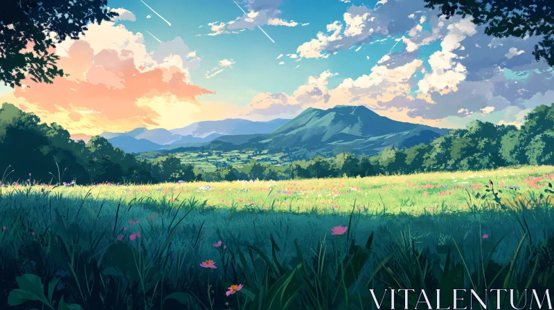 AI ART Scenic Meadow and Mountain Sunset View